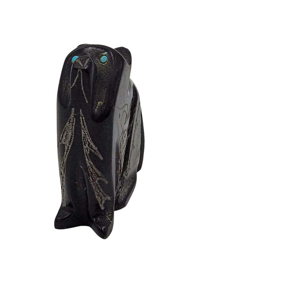 Native American Zuni Black Marble Bear Fetish Carved Stone Signed Turquoise - Picture 4 of 16